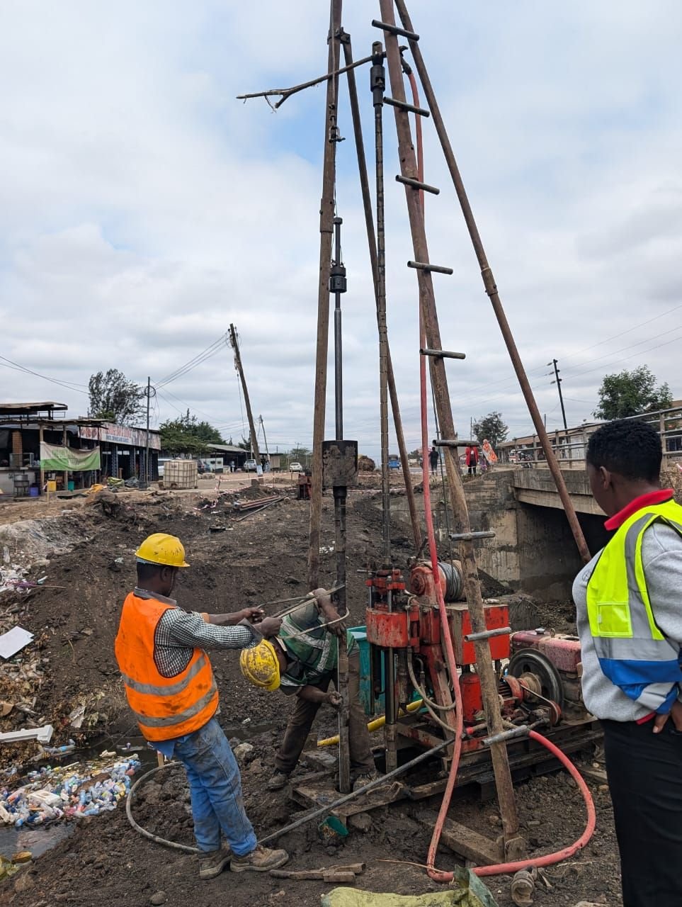 Geotechnical investigation drilling rig at Morombo Bridge